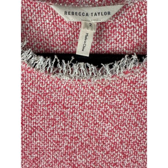 Rebecca Taylor Pink Coral Tweed Short Sleeve Fringe Raw Hem Crop Blouse Size 2 - Picture 4 of 7